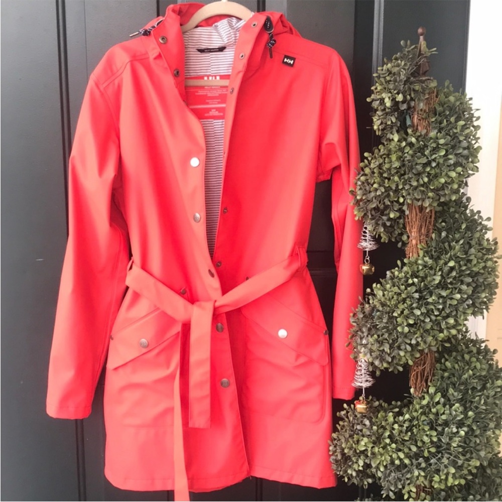Helly Hansen Rain Coat Size medium in coral color with striped lining
